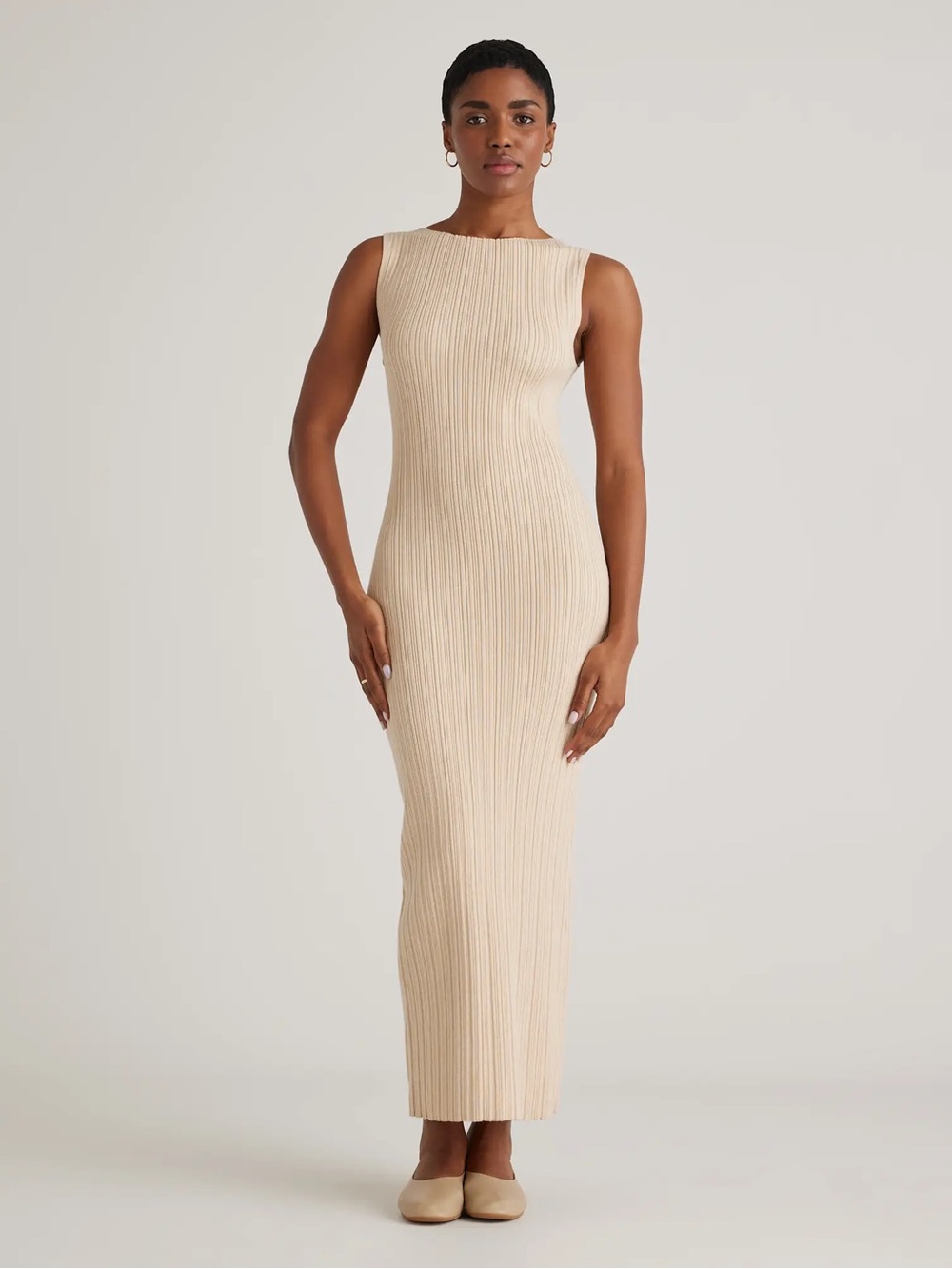 NWT Quince Cotton Cashmere Ribbed Sleeveless Midi Dress Small Heather Oatmeal